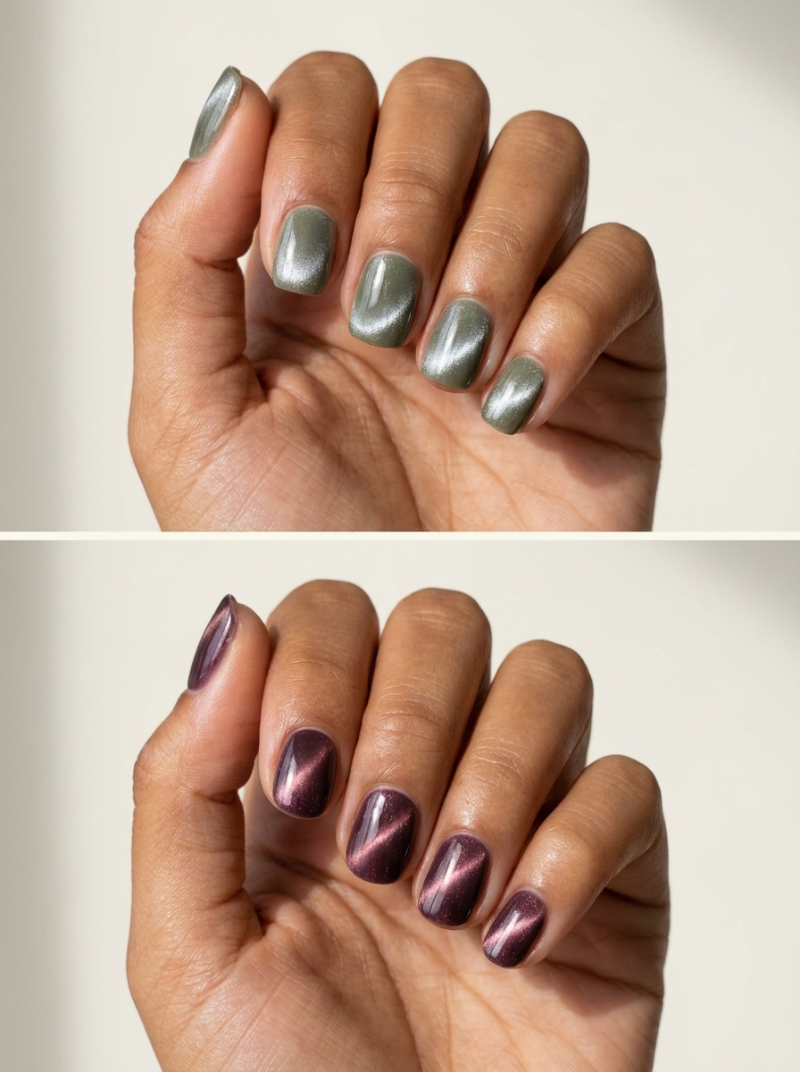 Top: Muted olive silver glow. Bottom: Plum with a rose beam. Two manicure designs.