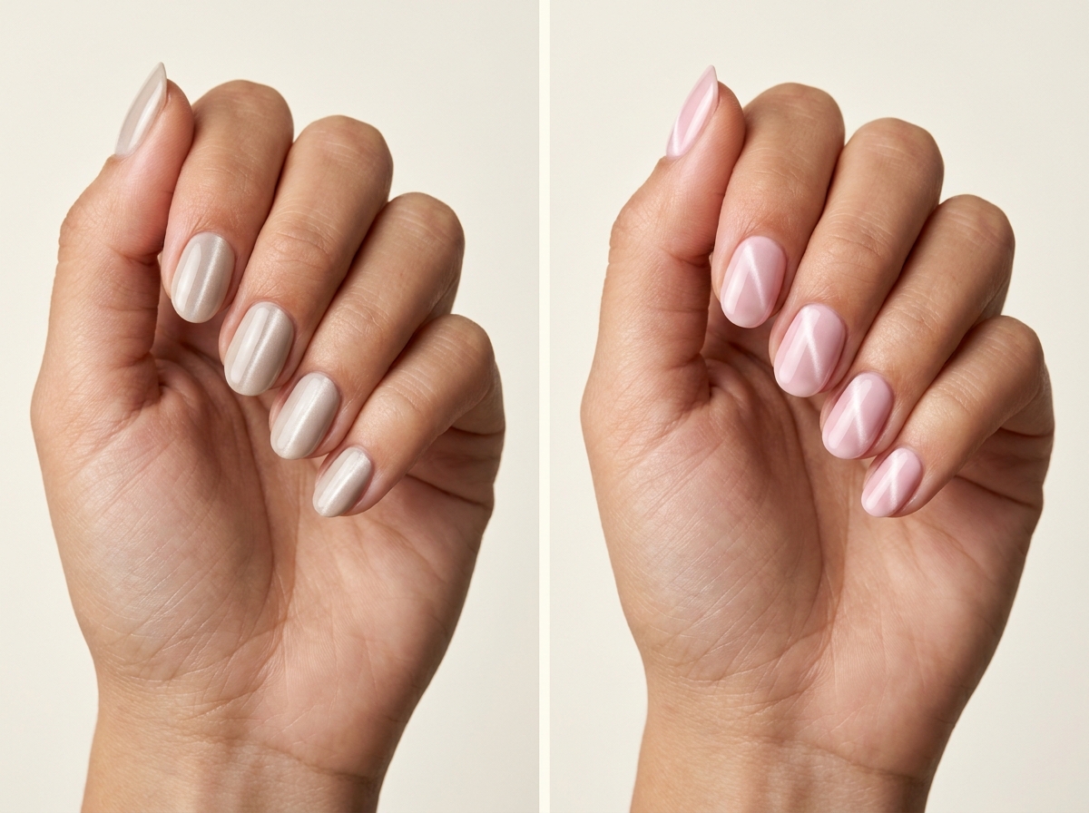 Left: Vertical center light. Right: Diagonal light across pale pink. Two manicure designs.