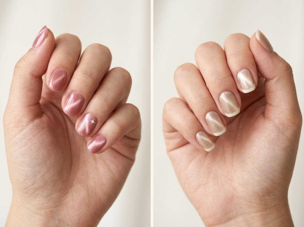 Left: One tiny white star over rose light. Right: Fine ivory French over champagne. Two manicure designs.