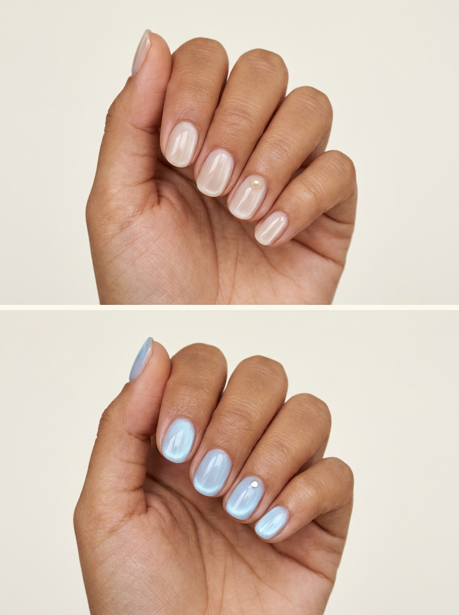 Top: One pearl beside a pale beam. Bottom: Single silver dot on blue glow. Two manicure designs.