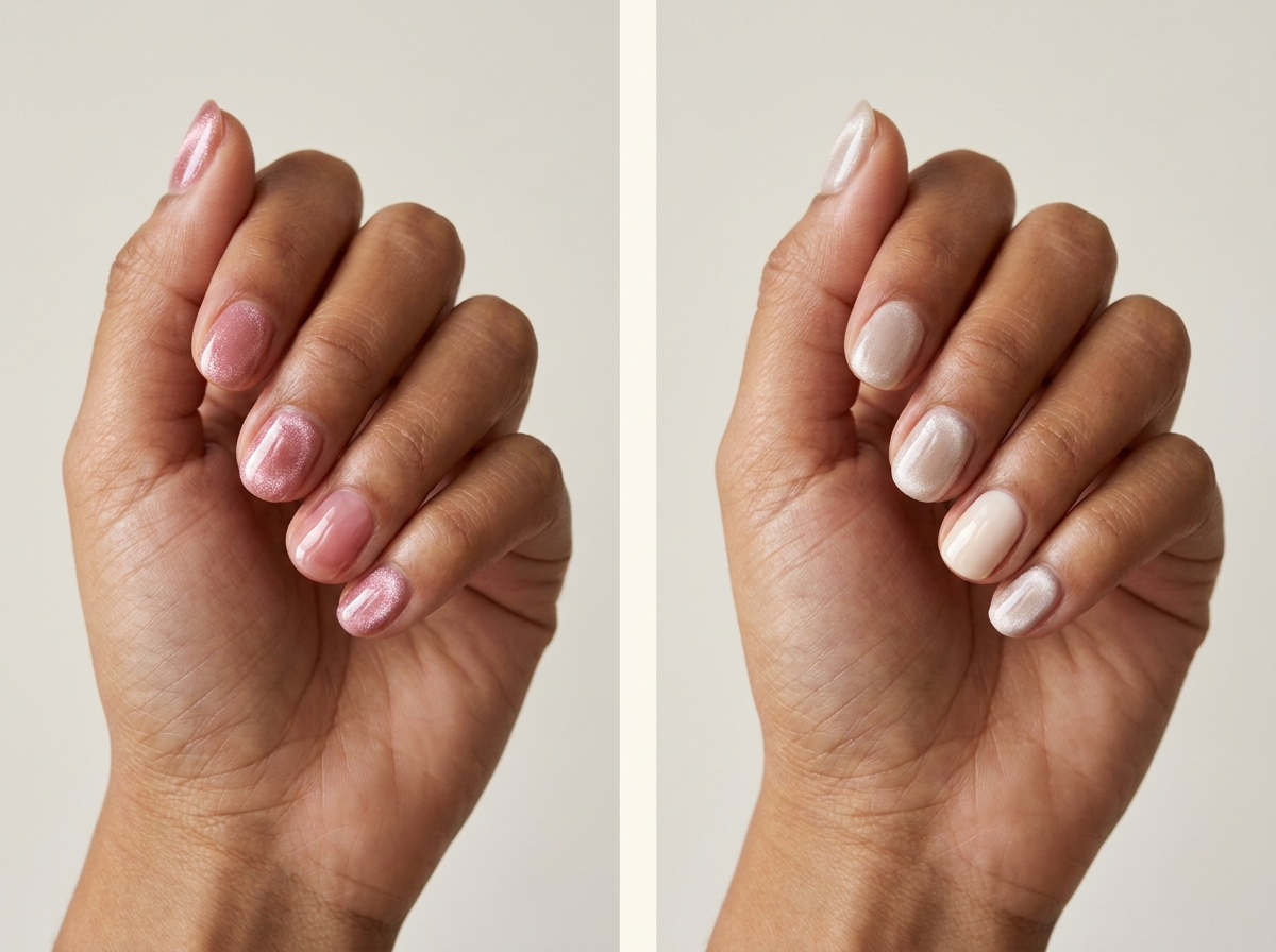 Left: Magnetic rose with plain syrup accents. Right: Neutral cat-eye with one cream nail. Two manicure designs.