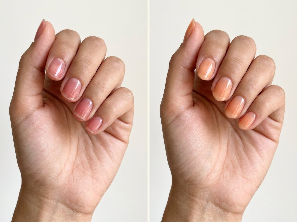 Left: Rose syrup rounds. Right: Apricot jelly ovals. Two manicure designs.