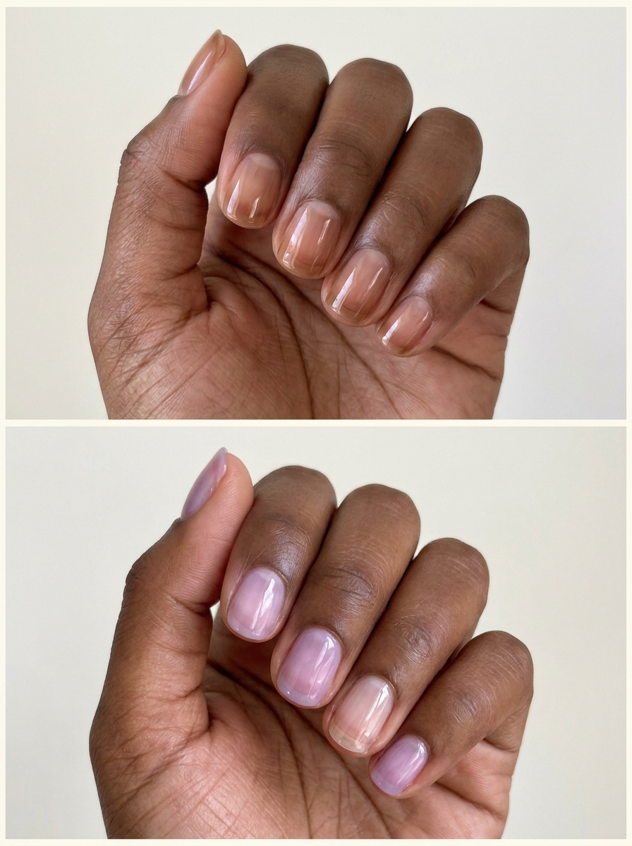 Top: Tea-brown translucent nails. Bottom: Lilac jelly with one clear nail. Two manicure designs.