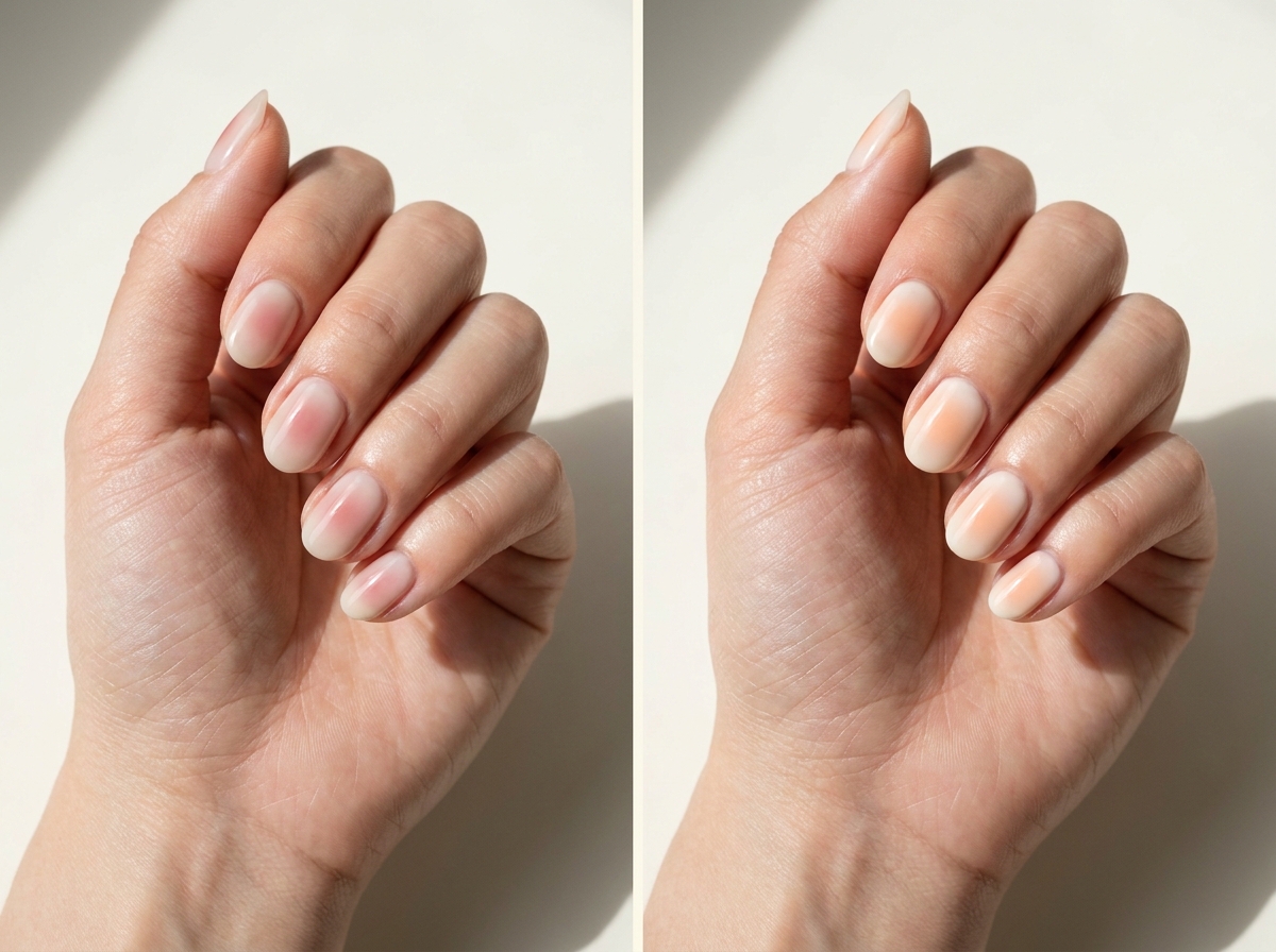 Left: Classic rosy blush centers. Right: Peach blush on cream. Two manicure designs.