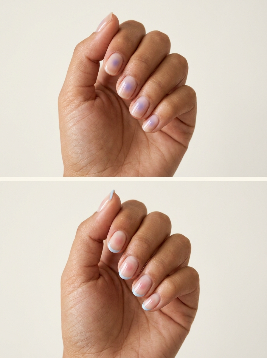 Top: Lavender halo blush. Bottom: Blush with a powder-blue edge. Two manicure designs.