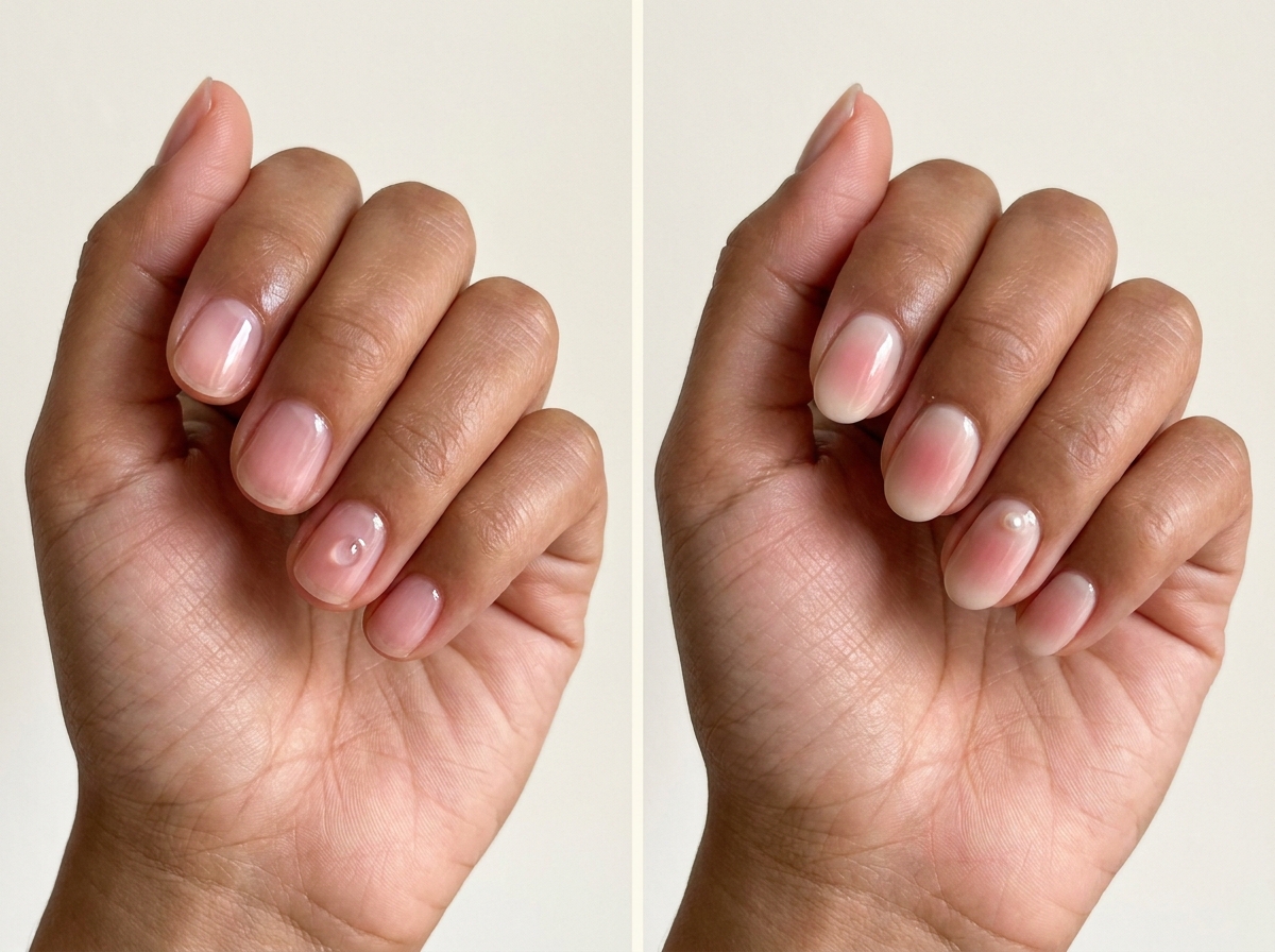 Left: One clear raindrop accent. Right: Tiny pearl beside a blush center. Two manicure designs.