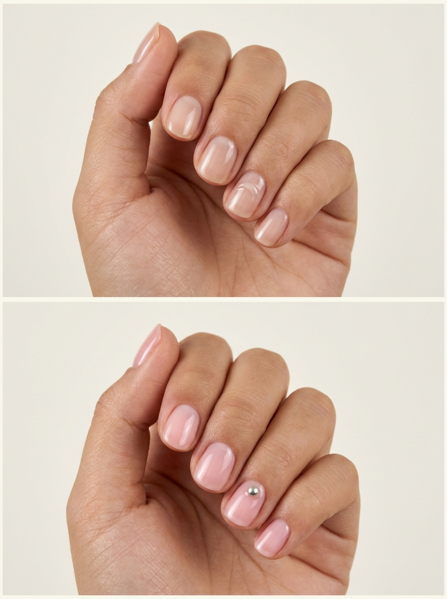 Top: Short clear wave accent. Bottom: Miniature silver bead detail. Two manicure designs.
