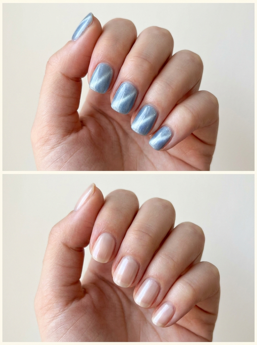 Top: Icy blue diagonal light. Bottom: Neutral pearl veil. Two manicure designs.