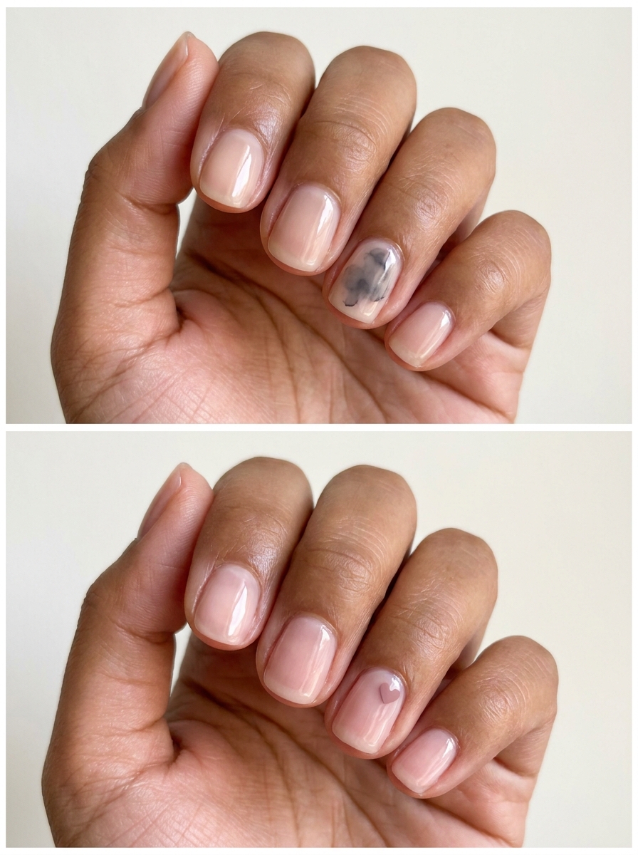 Top: Soft gray ink-like cloud. Bottom: Tiny pink heart near the edge. Two manicure designs.