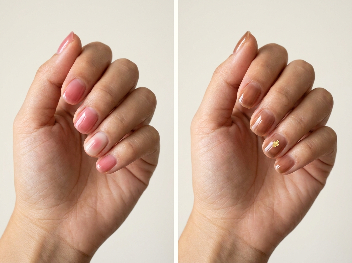 Left: Syrup pink with one blush accent. Right: Tea jelly with a gold fragment. Two manicure designs.