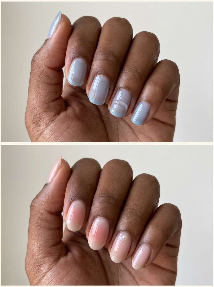 Top: Blue syrup with a clear accent ridge. Bottom: Blush, plain gloss, and one pearl. Two manicure designs.