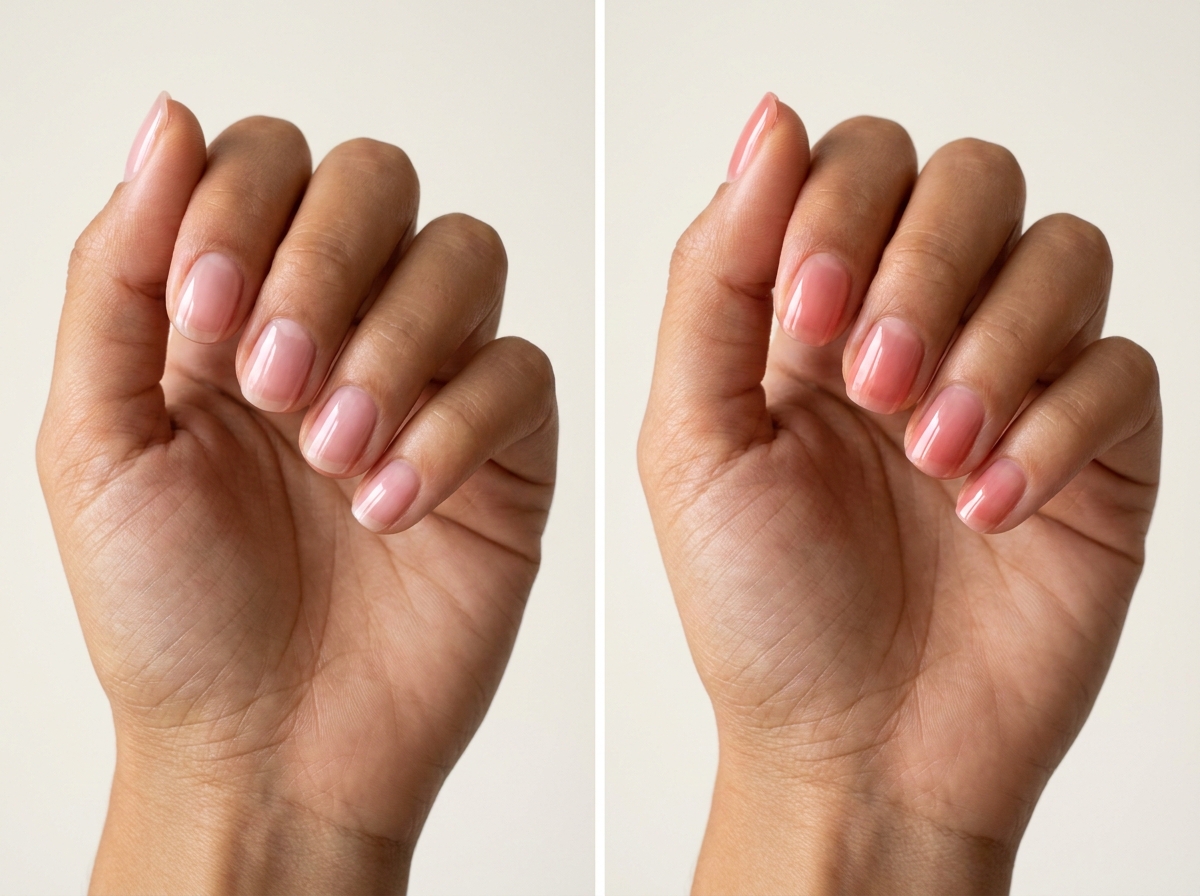 Left: Pale rose syrup. Right: Warm strawberry tint. Two manicure designs.