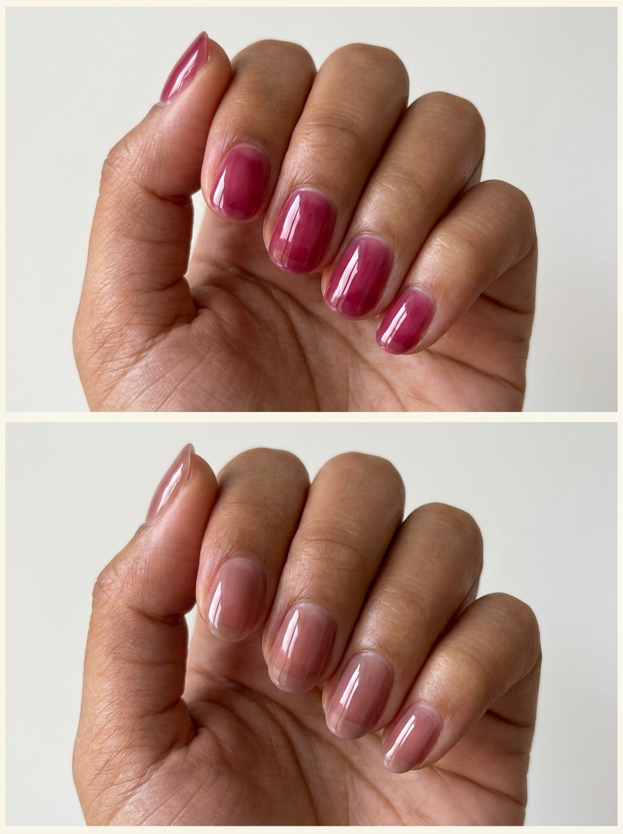 Top: Cool raspberry jelly. Bottom: Dusty rose glass. Two manicure designs.