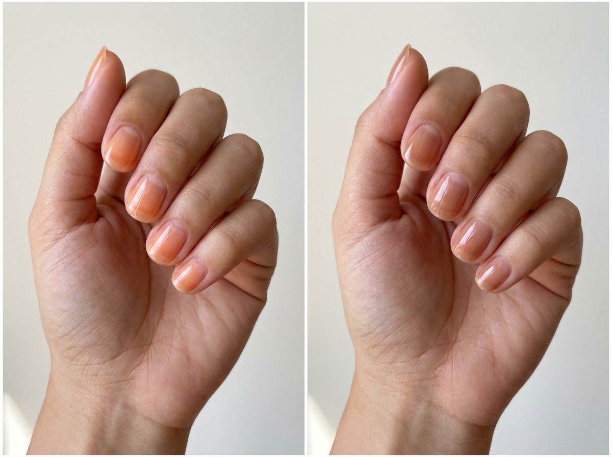 Left: Apricot syrup. Right: Peach-tea jelly. Two manicure designs.