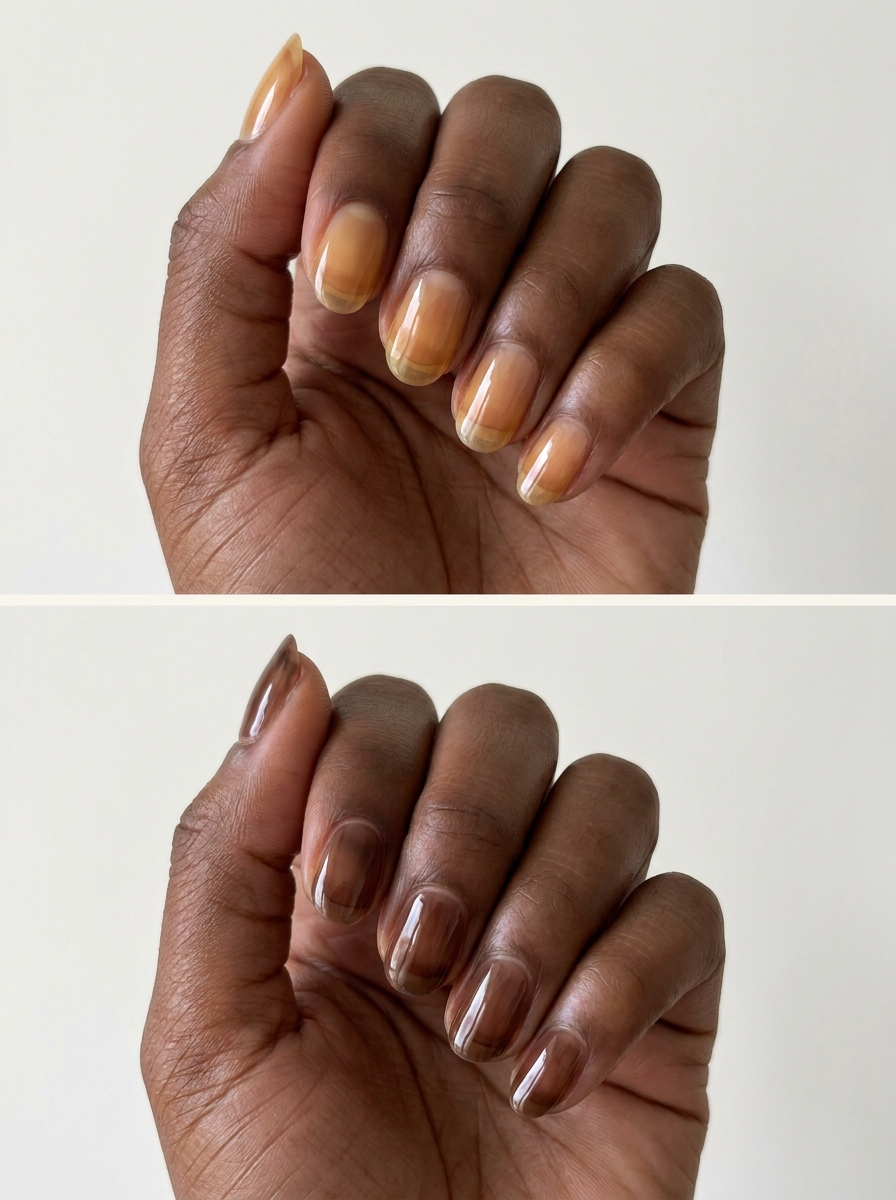 Top: Honey amber tint. Bottom: Sheer cocoa brown. Two manicure designs.