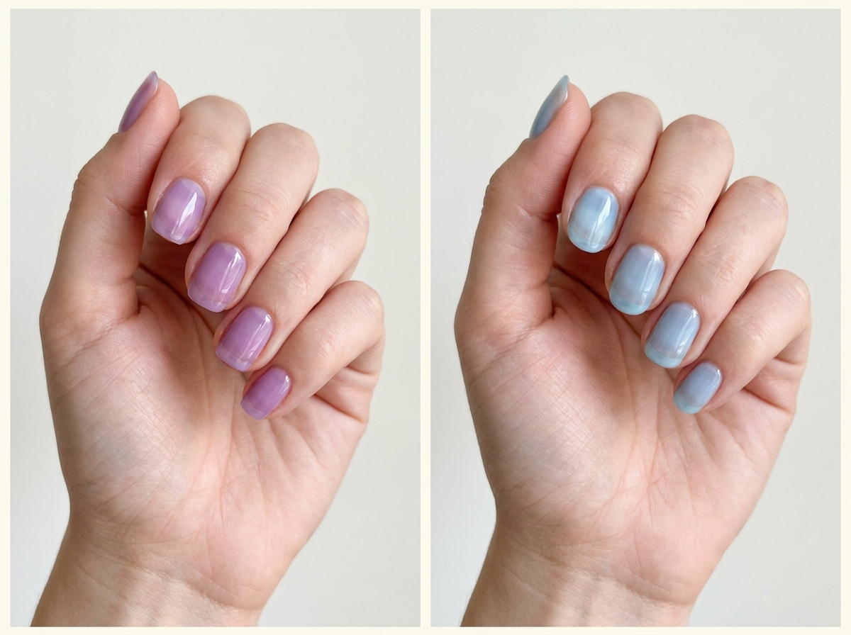 Left: Lavender jelly. Right: Pale blue syrup. Two manicure designs.