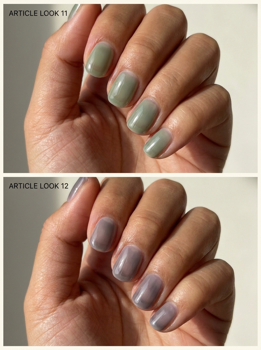Top: Muted green jelly. Bottom: Smoky gray-lilac tint. Two manicure designs.