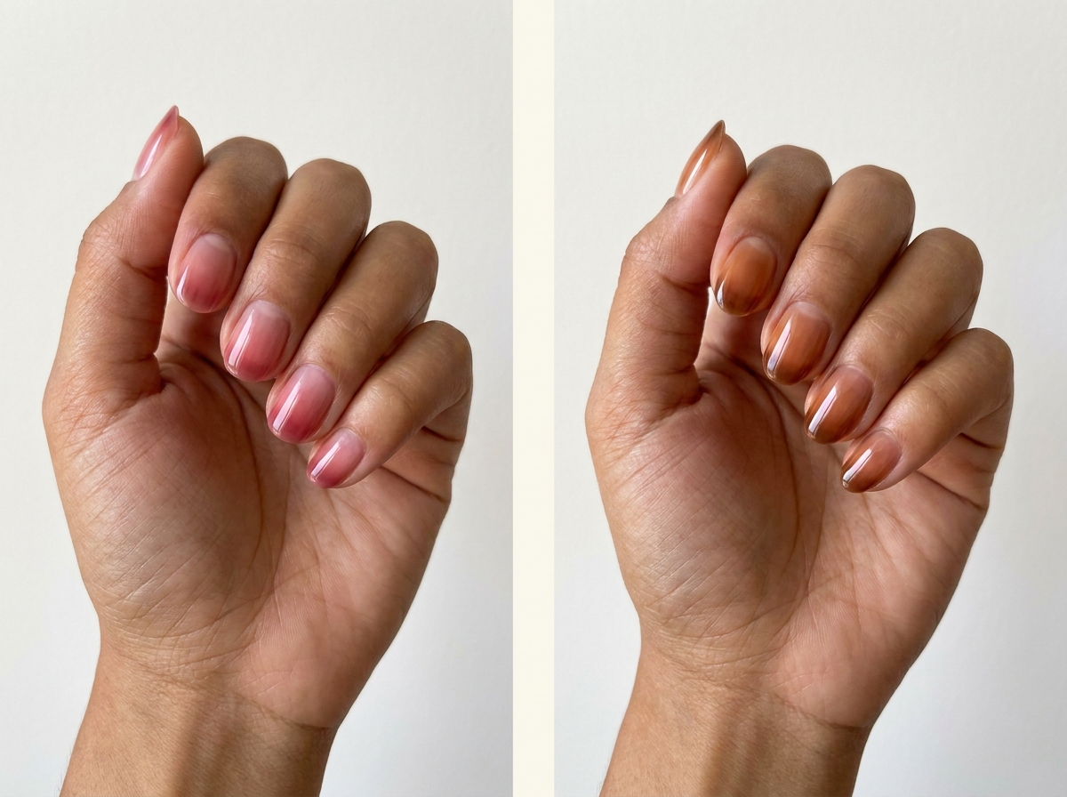 Left: Rose syrup with deeper tips. Right: Tea-colored ombré. Two manicure designs.