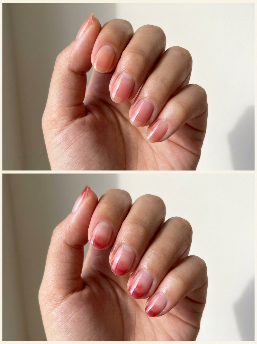 Top: Peach-to-rose translucent fade. Bottom: Clear base with a cherry-tinted edge. Two manicure designs.