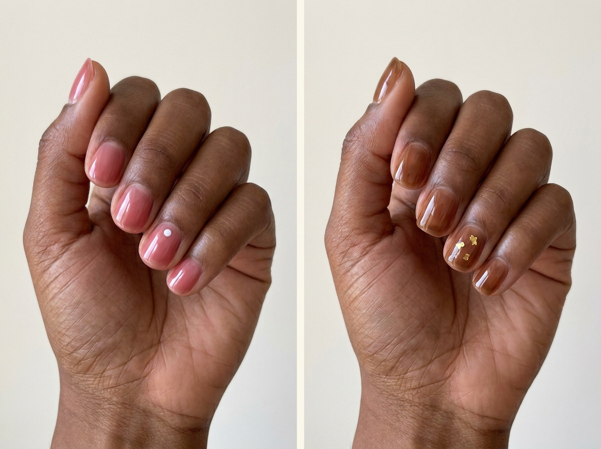Left: Rose jelly with one tiny white dot. Right: Tea jelly with sparse gold fragments. Two manicure designs.