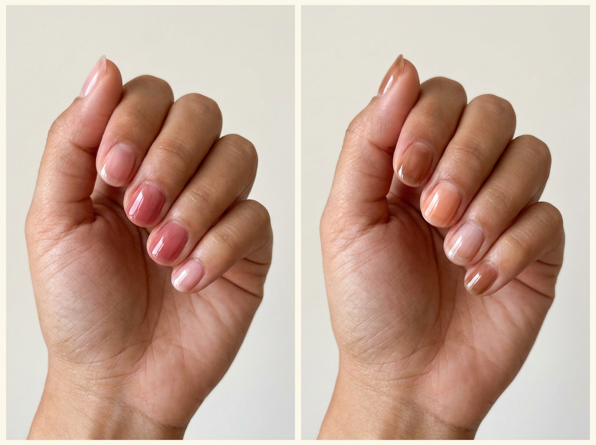 Left: Three shades of rose syrup. Right: Tea, peach, and clear accents. Two manicure designs.