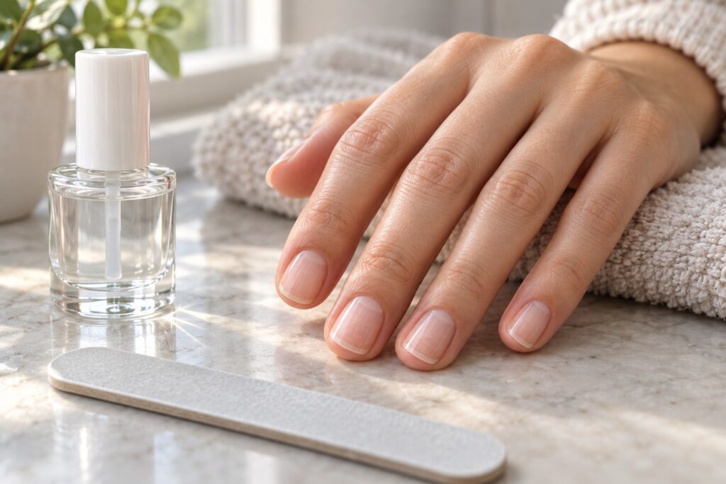 Illustrated natural short nails with a nail file and clear polish bottle