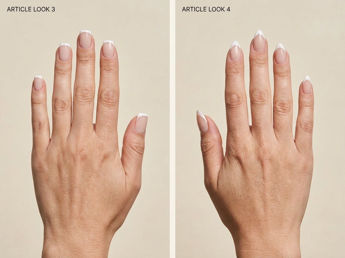A short soft-square milky French manicure compared with a medium almond milky French and curved white smile line.