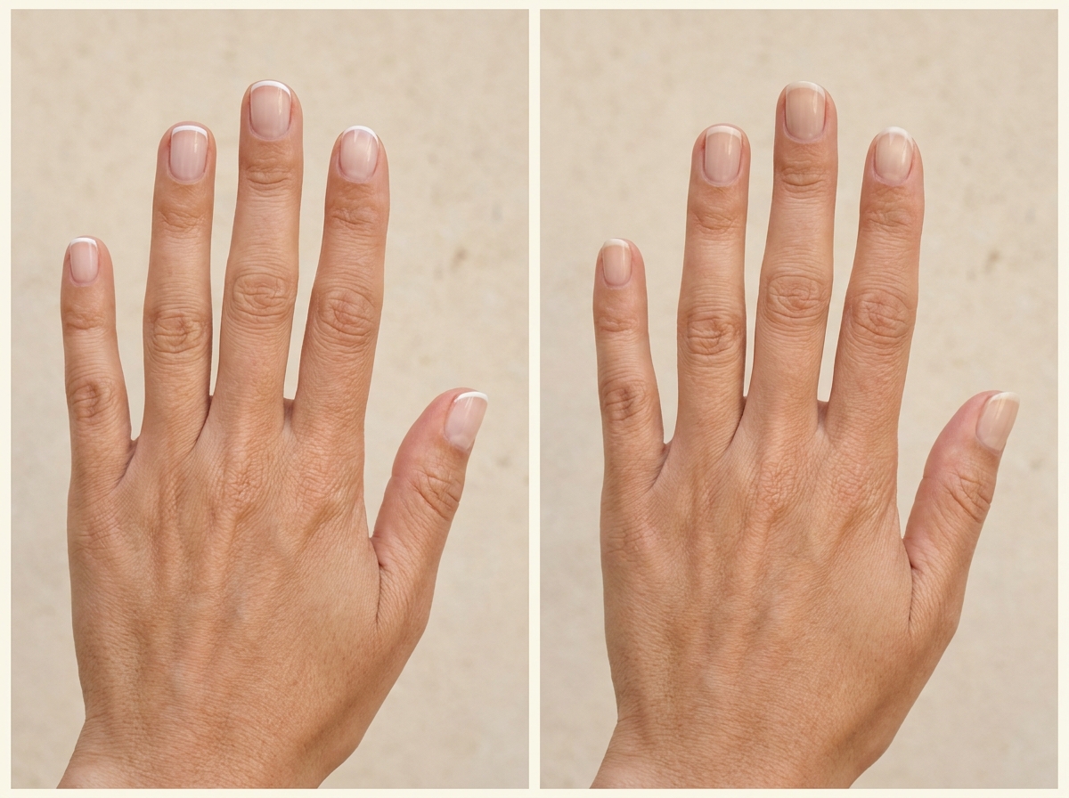 Very short nails with a thin white micro French compared with short oat-milk nails edged in off-white.