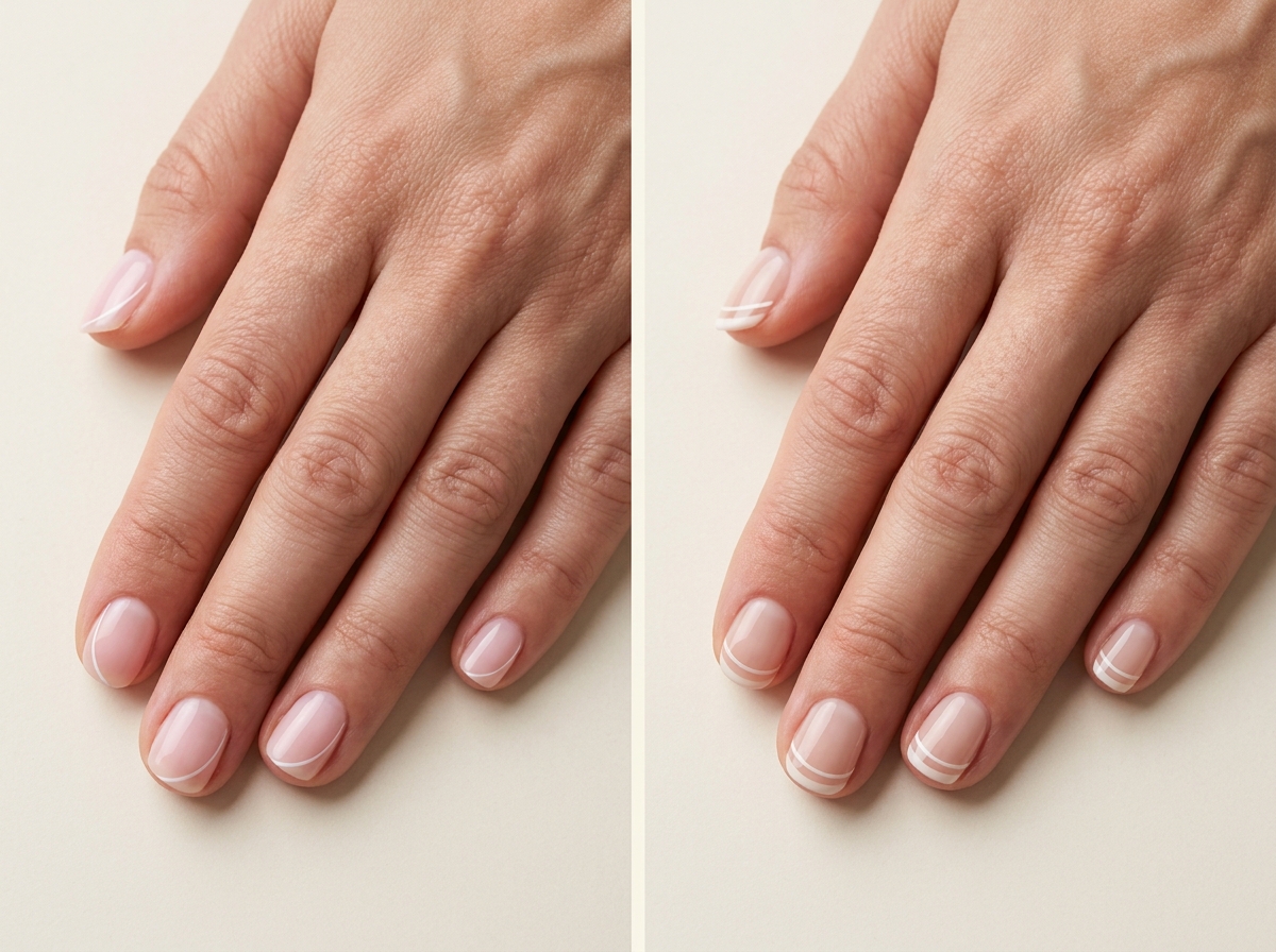 Milky pink short nails with side-swept white micro tips beside a milky nude set with two fine tip lines.