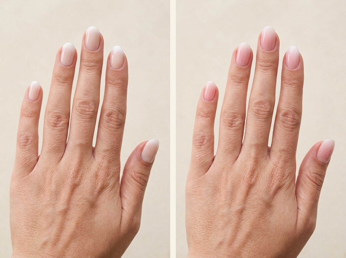 Blurry white French tips over milky nude compared with a rosy pink-to-white baby boomer gradient.