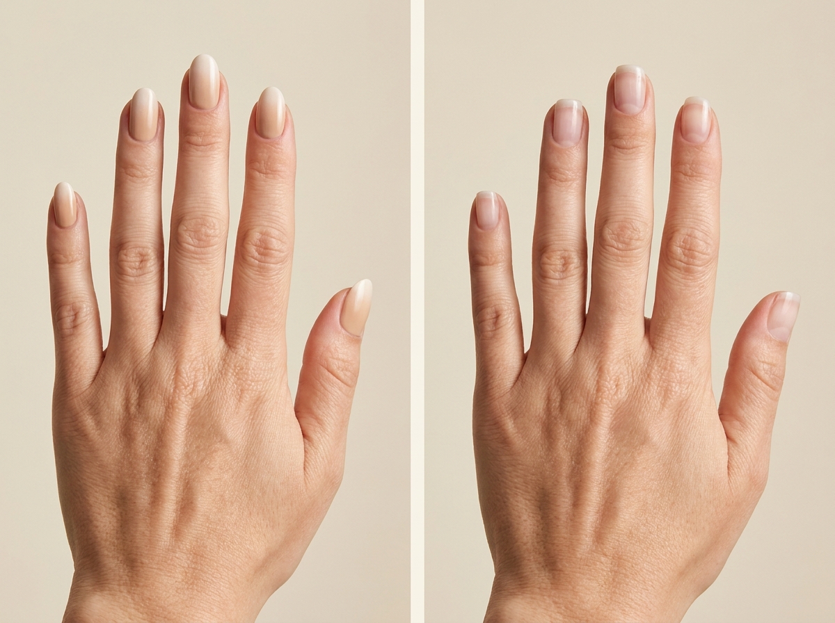 Warm vanilla French gradient beside a barely visible white fade on short squoval natural nails.