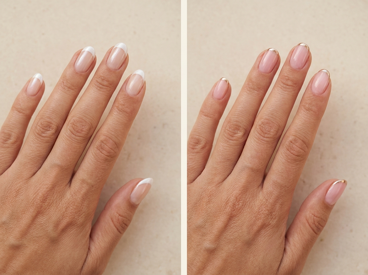 Milky nude nails with fine pearly white French tips beside milky pink nails with slim champagne chrome tips.