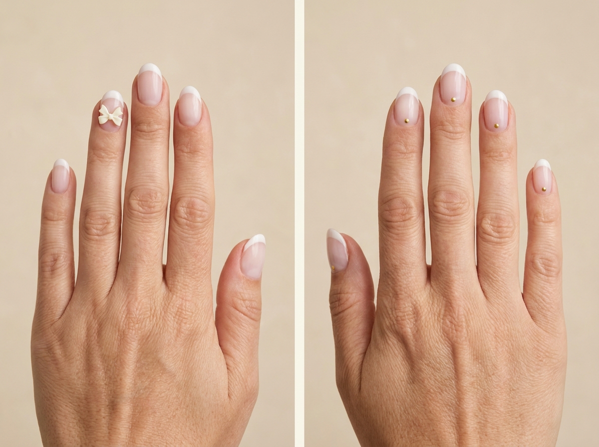 Milky French manicure with one tiny flat bow accent compared with milky French nails bearing one small gold dot beneath each tip.