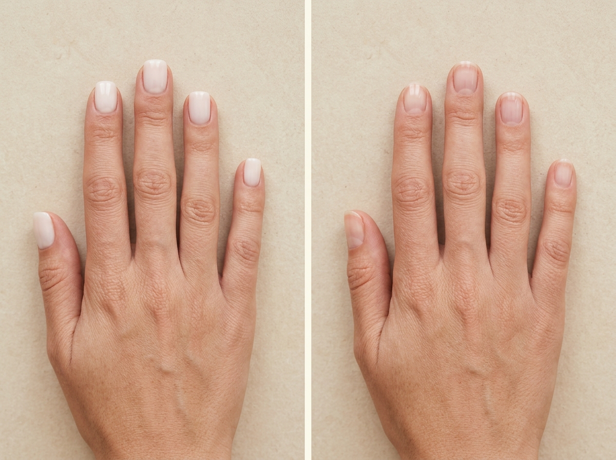Comparison of classic glossy milky white nails and a more translucent milk bath manicure on natural short nails.