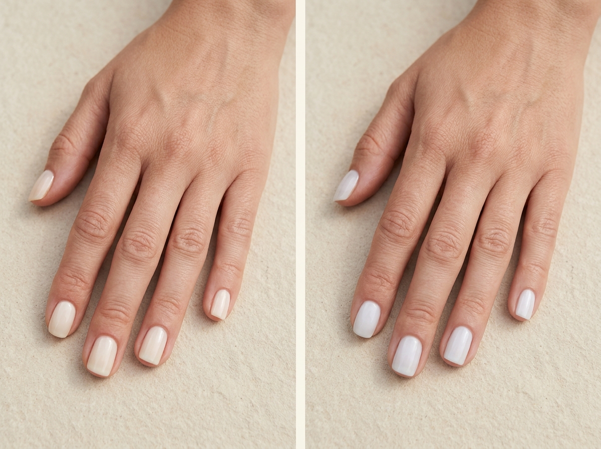 Warm vanilla milky nails beside cooler porcelain-white milky nails, showing the difference in undertone.