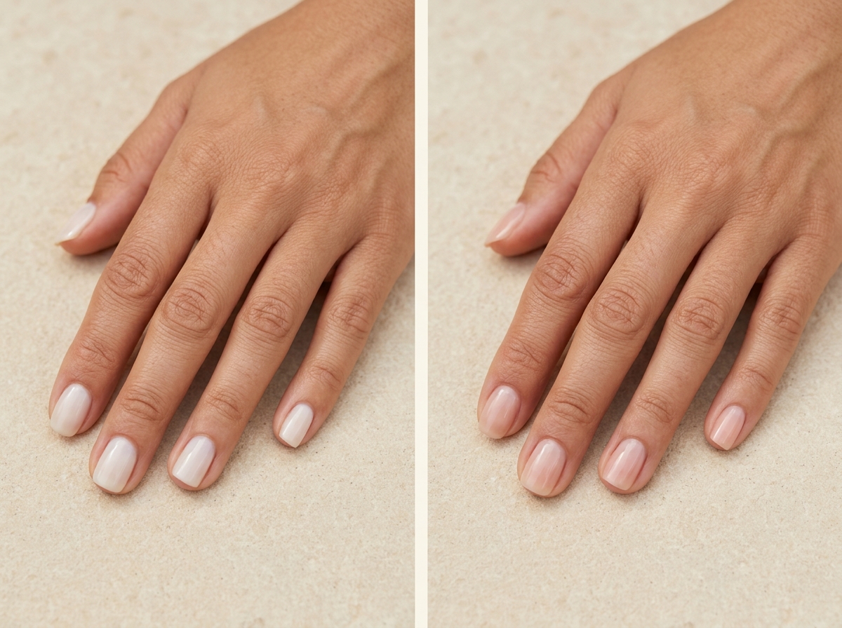 Two natural milky manicures: warm translucent oat-beige and a sheer nude with a soft pink undertone.