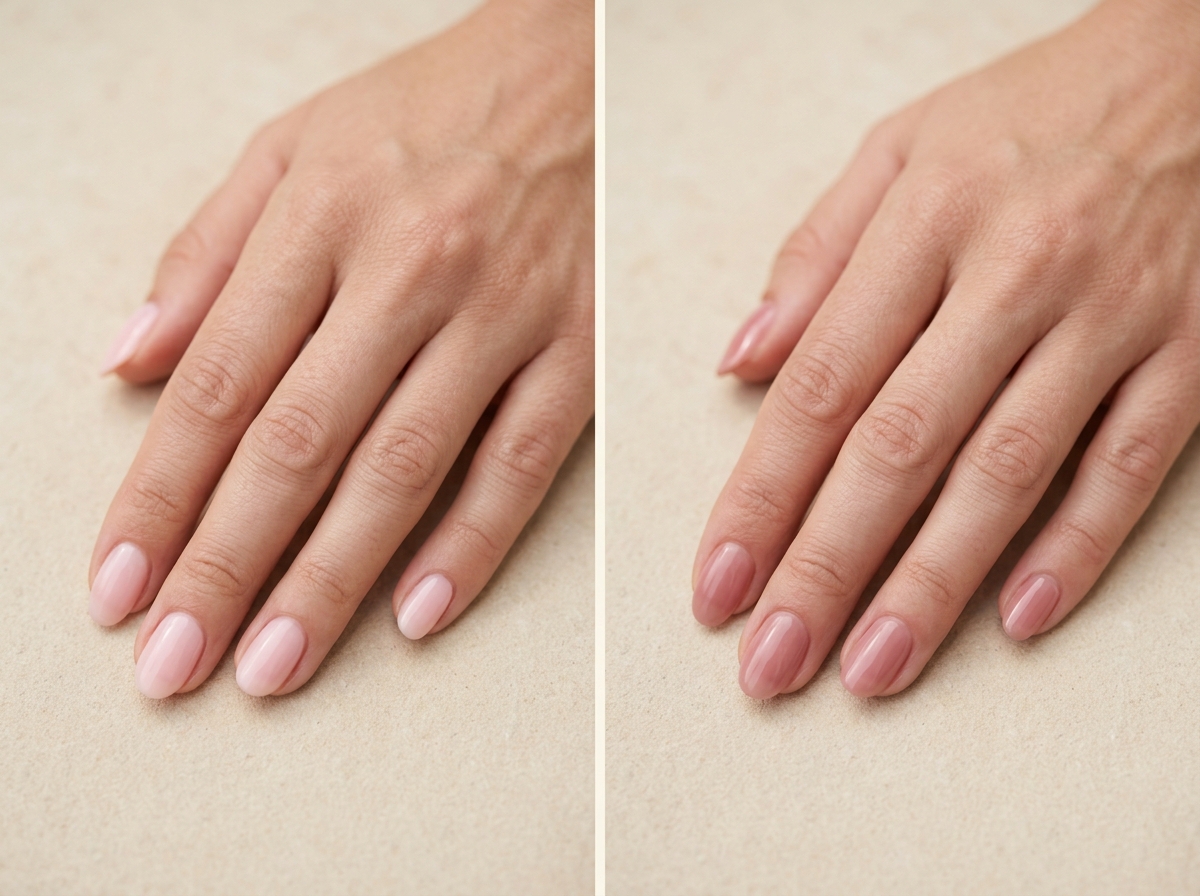 Sheer strawberry milk pink nails compared with a muted rosewater pink milky manicure.
