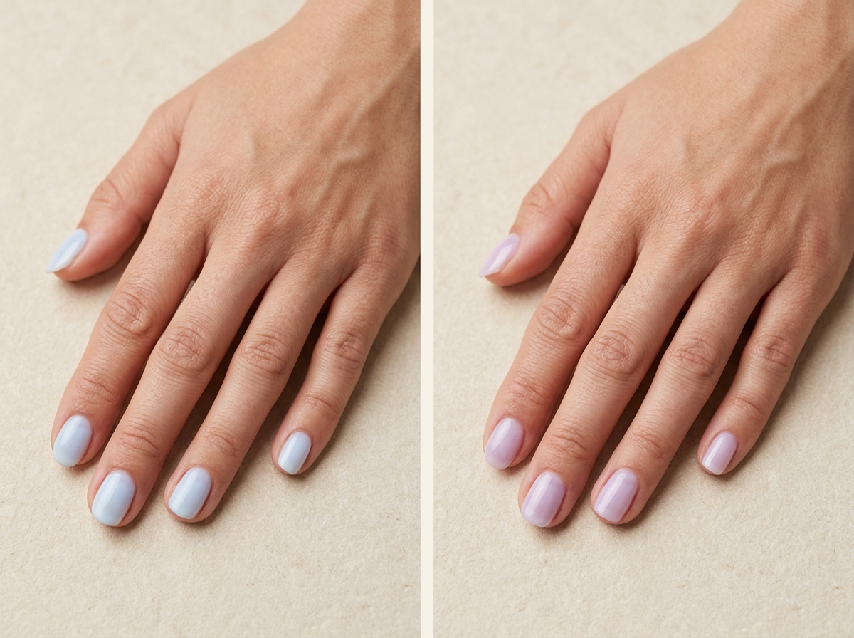 Pale translucent blueberry milk nails next to sheer lavender milk nails, both with glossy finishes.