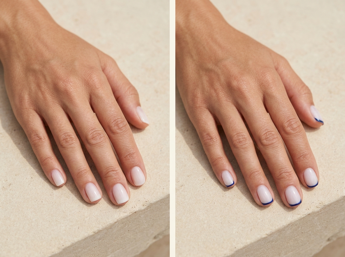Milky nails with softly blurred white tips compared with milky white nails outlined by slim muted-color tips.