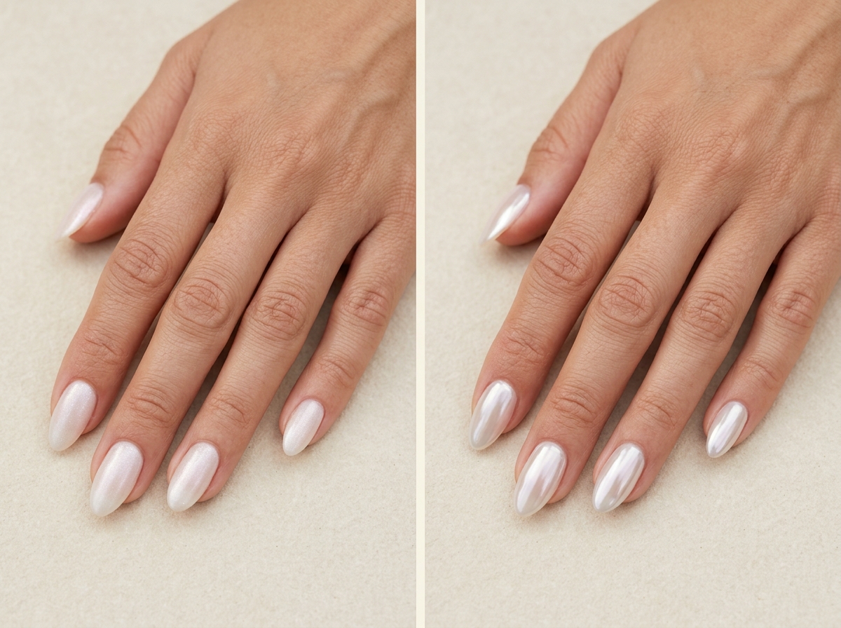 Fine pearlescent milky nails compared with a softly reflective glazed milky manicure.