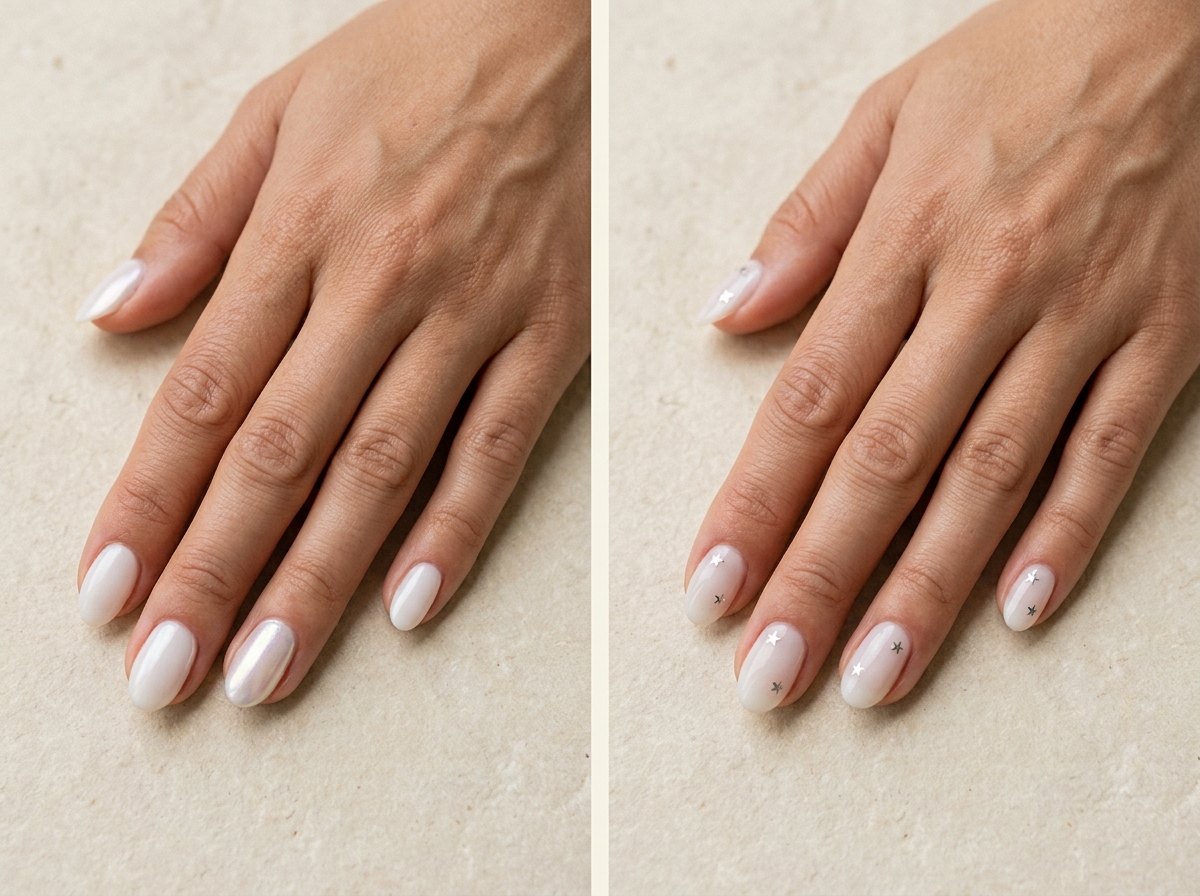 Milky manicure with one pale chrome accent nail beside milky nails with sparse tiny silver star details.