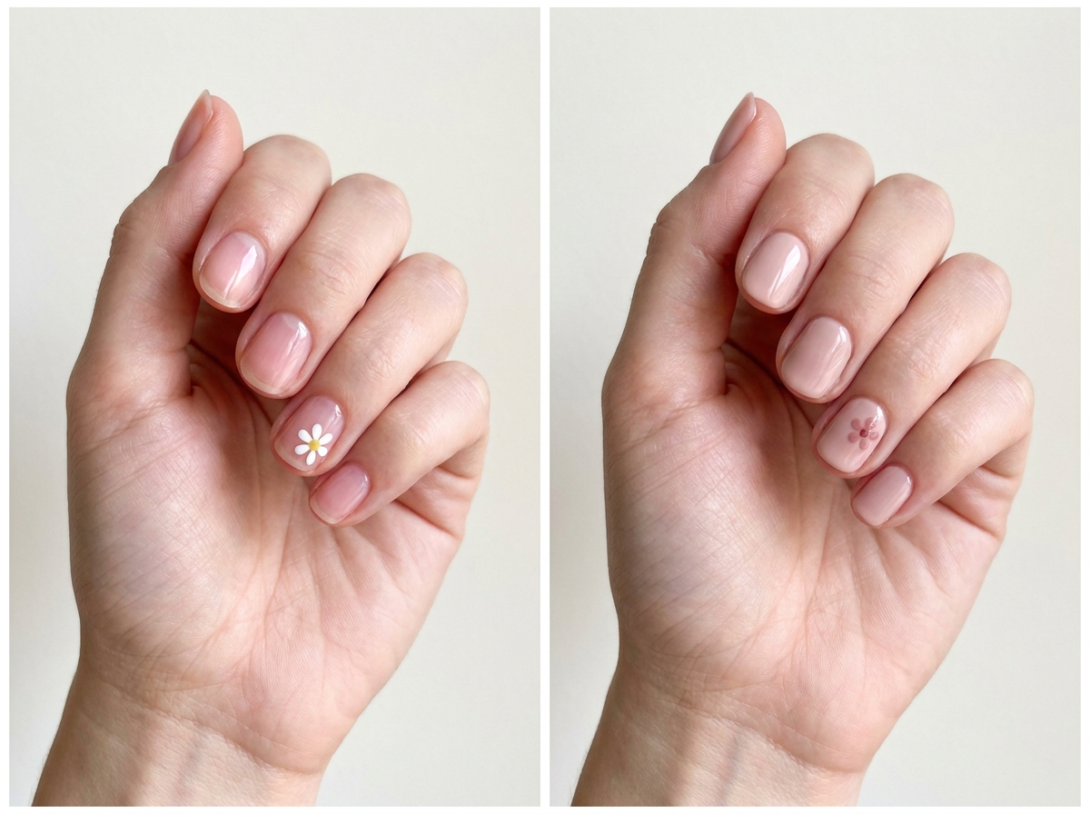 Left: One miniature daisy. Right: Dusty rose petal flower. Two manicure designs.