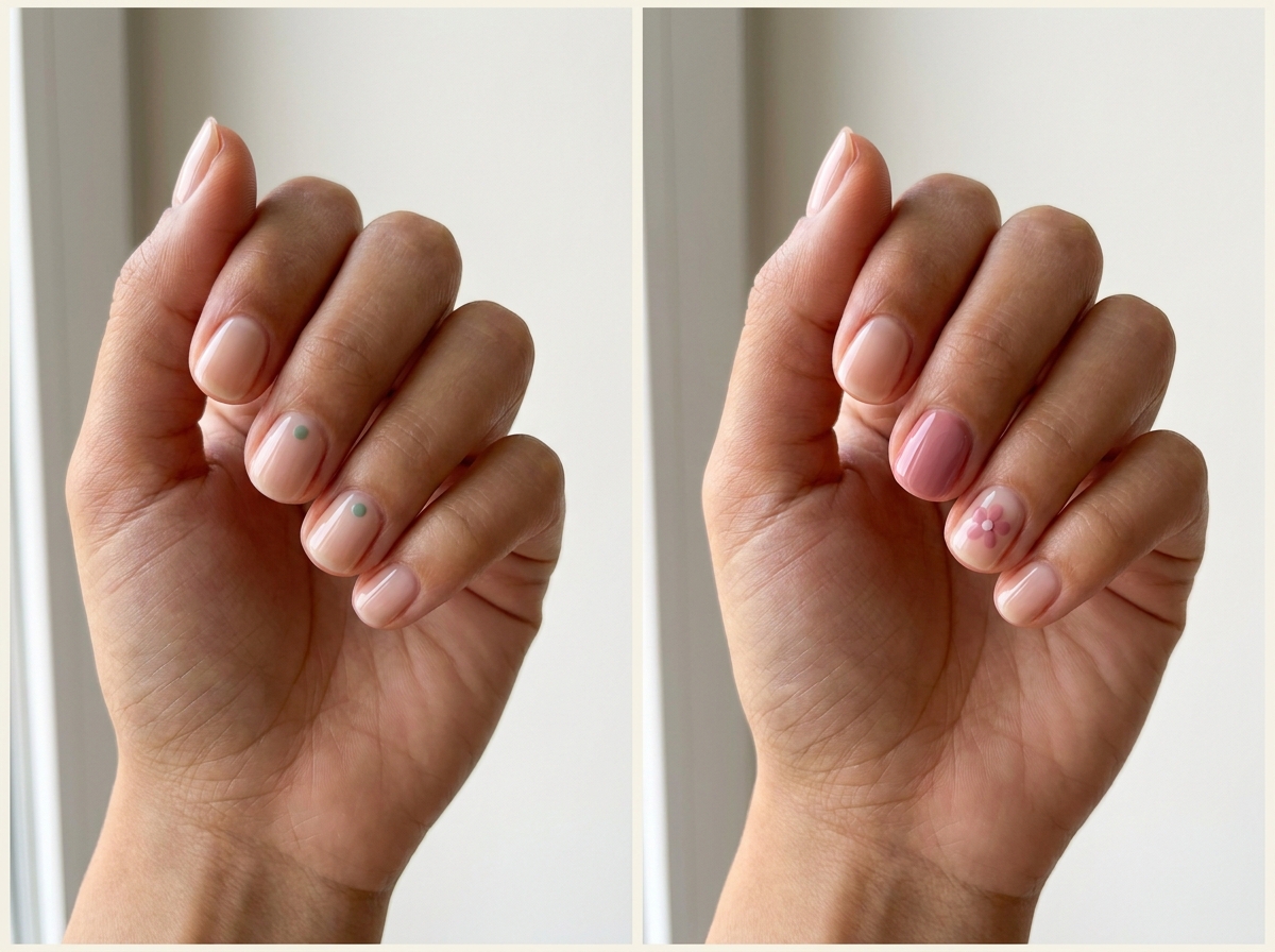 Left: Matching dots on two fingers. Right: One flower and one plain color accent. Two manicure designs.