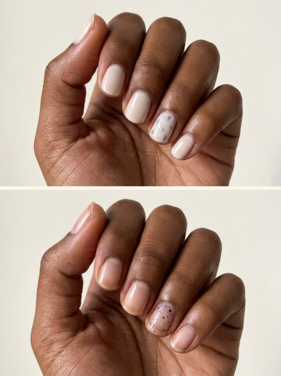 Top: Pale gray scattered marks. Bottom: Speckled corner only. Two manicure designs.