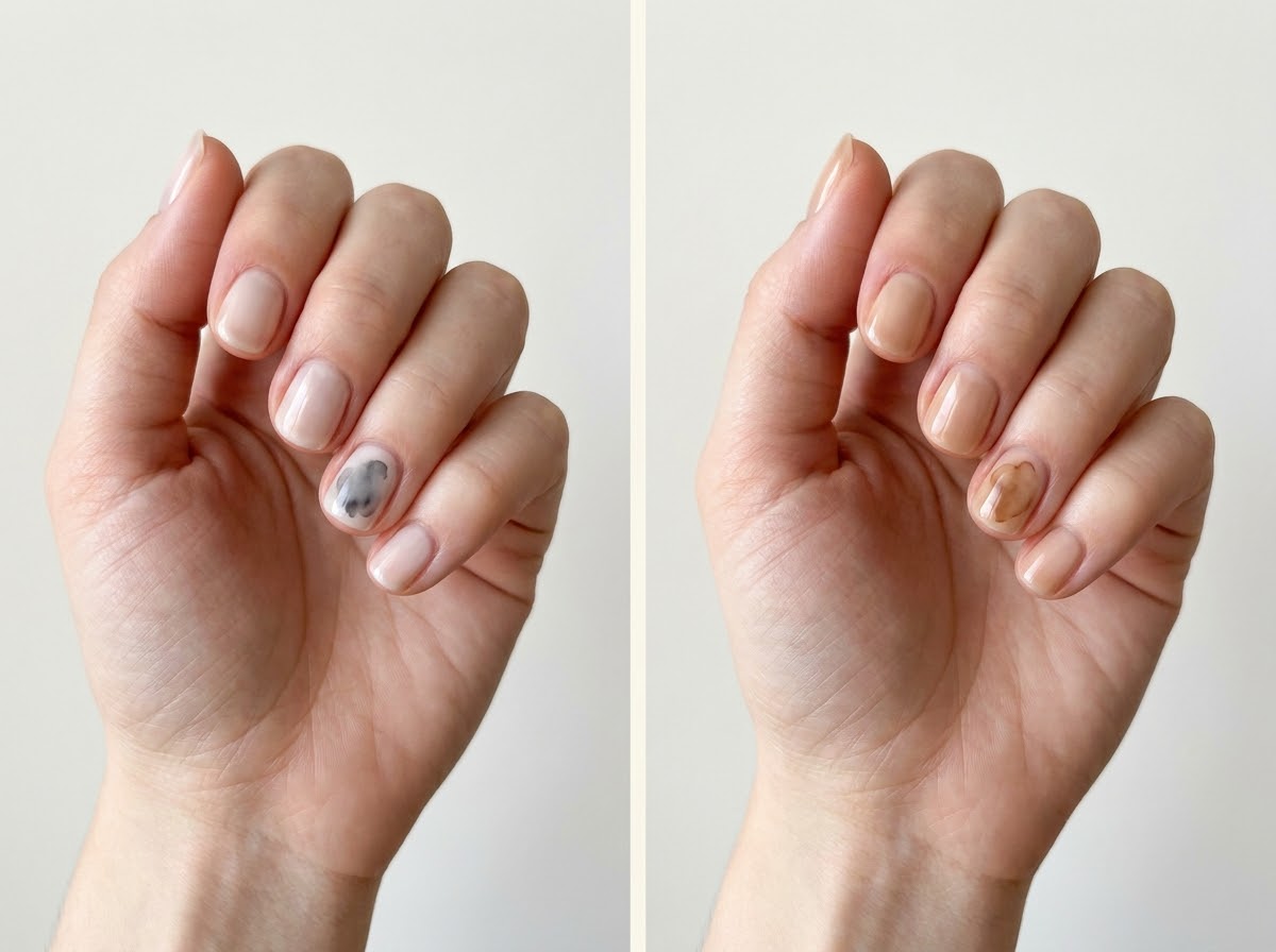 Left: Soft gray ink cloud. Right: Tea-brown watercolor wash. Two manicure designs.