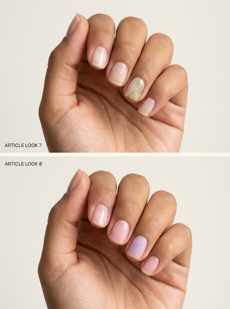 Top: Pale olive ink-like drift. Bottom: Lavender haze on clear-looking pink. Two manicure designs.
