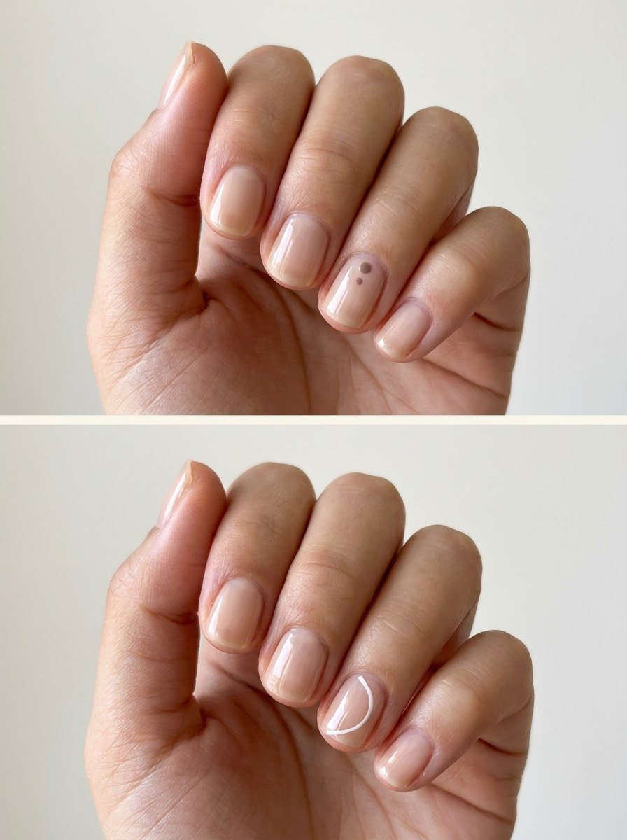Top: Two muted dots near the base. Bottom: Fine open white curve. Two manicure designs.