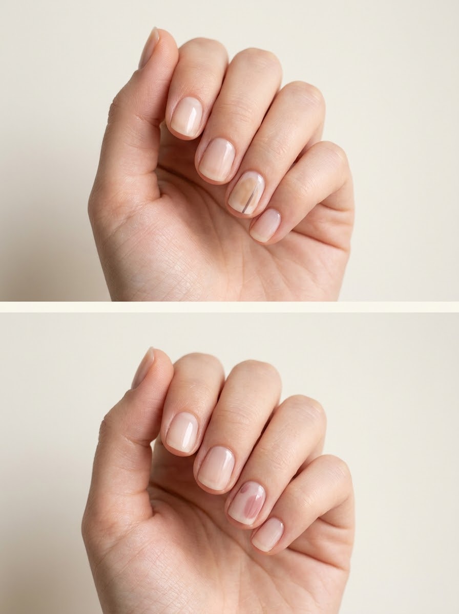 Top: Soft beige wash with a fine line. Bottom: Muted pink fragment on a neutral base. Two manicure designs.
