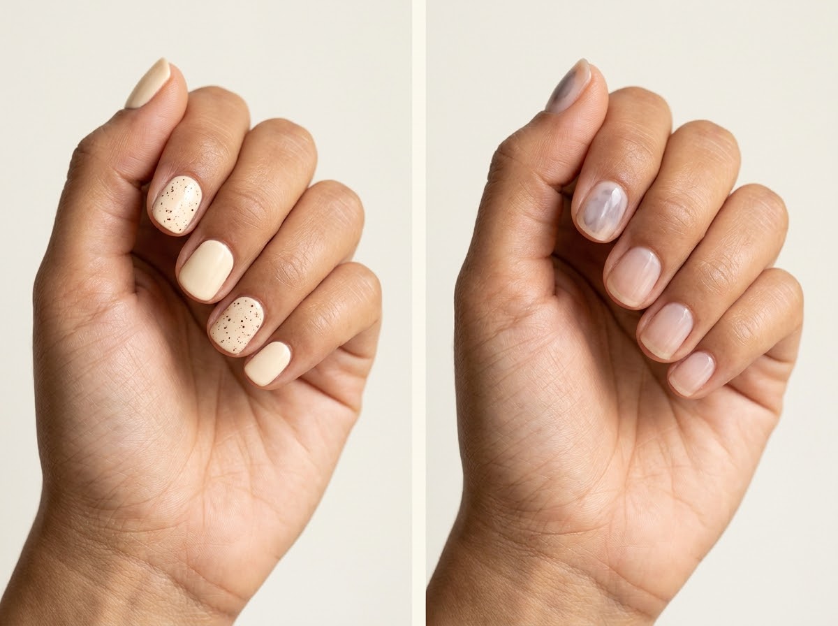 Left: Two speckled accents and plain cream. Right: One ink accent with four sheer nails. Two manicure designs.