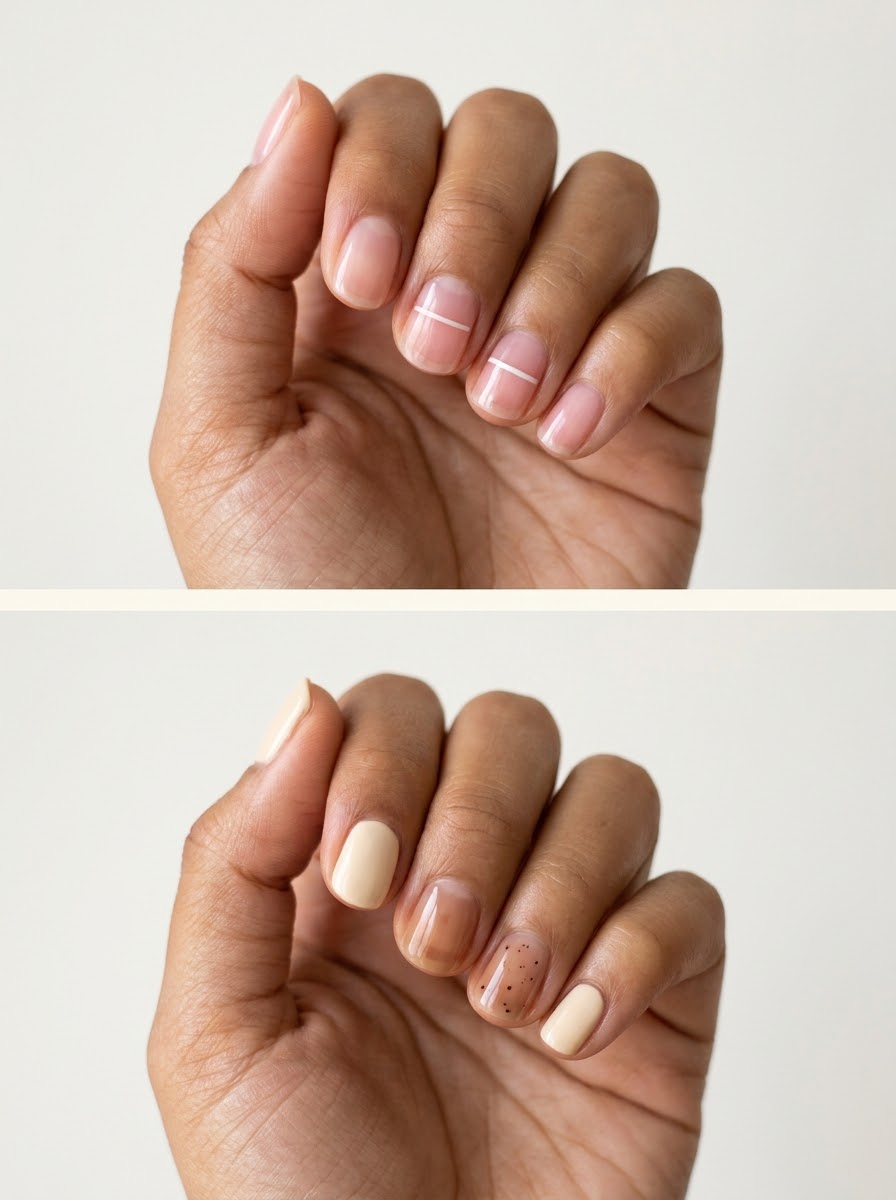 Top: Alternating plain and finely lined nails. Bottom: Cream, tea tint, and one quiet speckle. Two manicure designs.